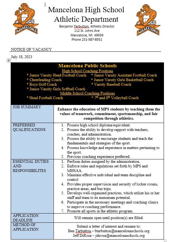 Employment Opportunities Our District Mancelona Public Schools